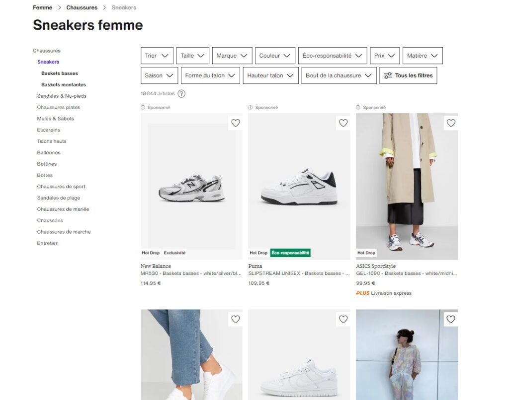 Page Catégorie "Sneakers Femme" du site Zalando