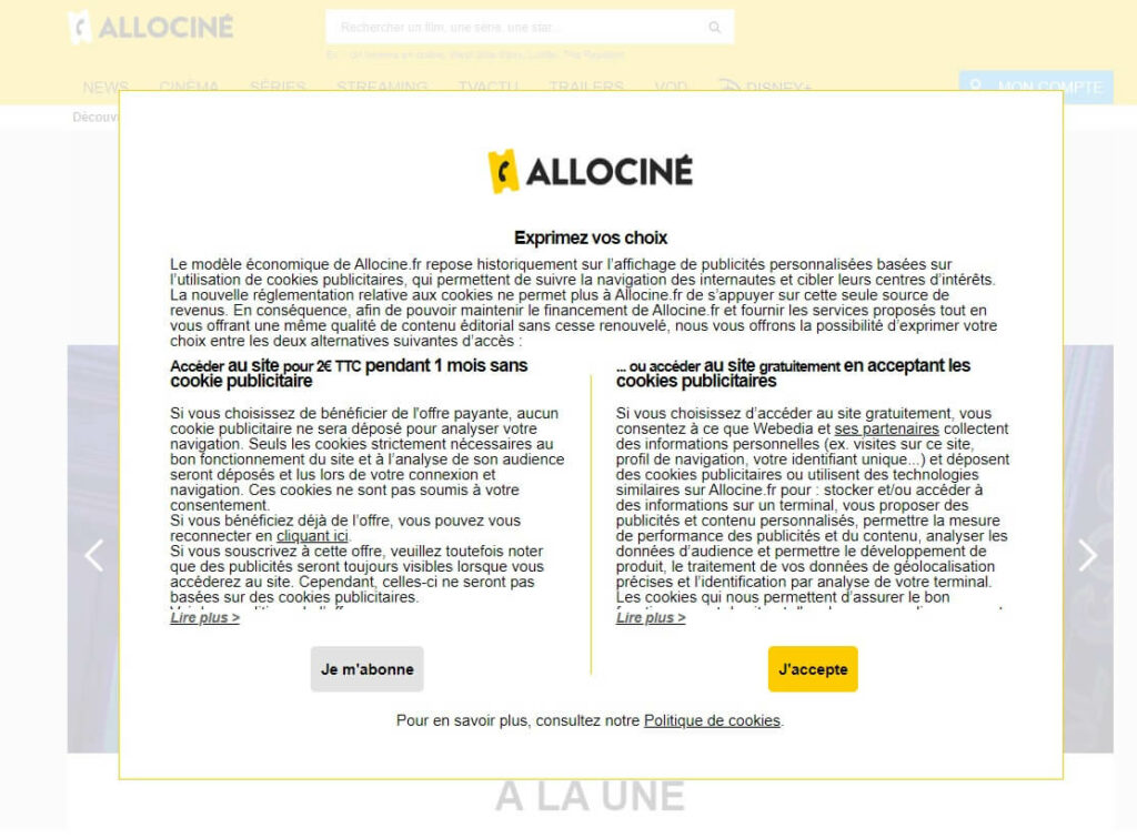 Exemple de cookie wall sur le site allocine.fr